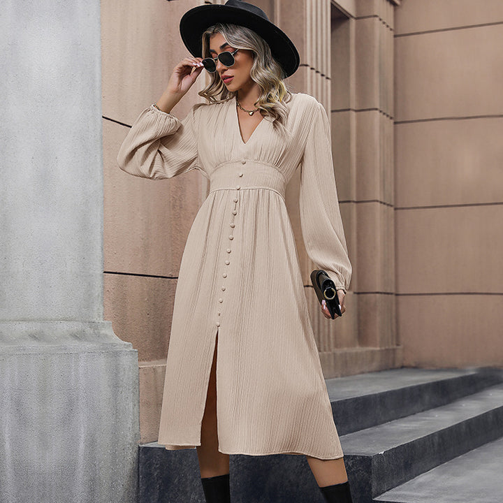 Women's Midi Dress with Button Details and V-Neck Mune Fashion