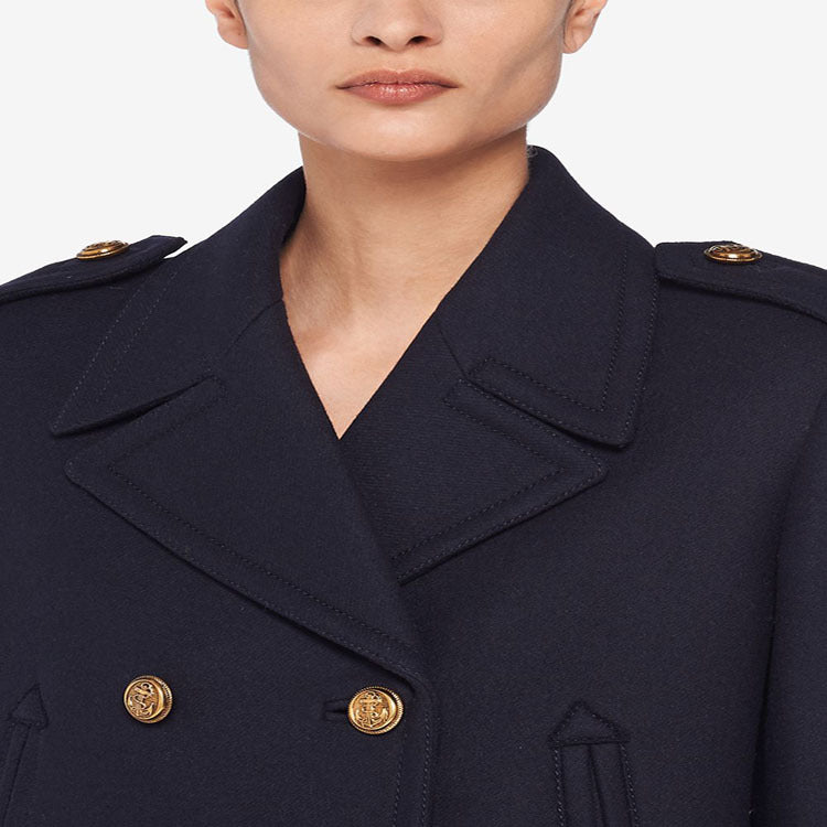 Women Double-breasted military-inspired Maxi Wool Coat with Epaulets and Decorative Straps Mune Fashion