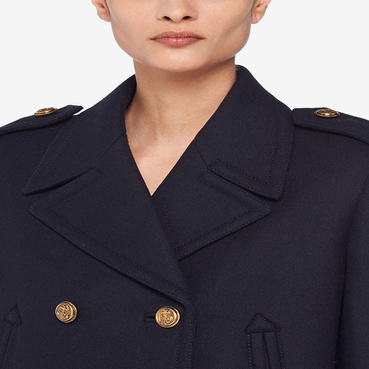 Women Double-breasted military-inspired Maxi Wool Coat with Epaulets and Decorative Straps Mune Fashion