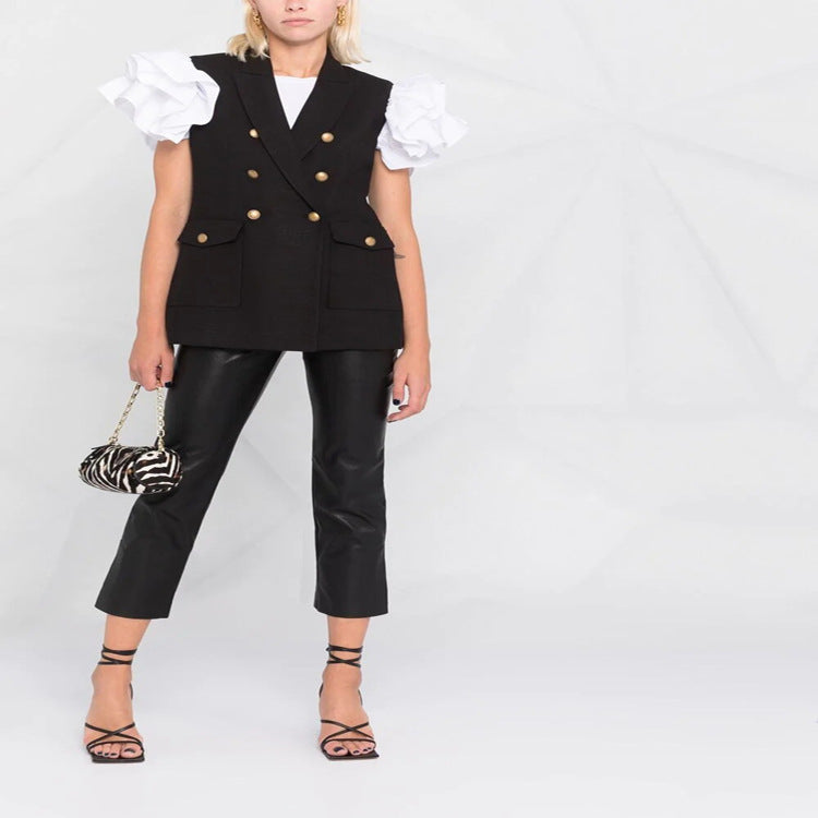 Women's double-breasted sleeveless blazer vest with distinctive decorative round buttons Mune Fashion