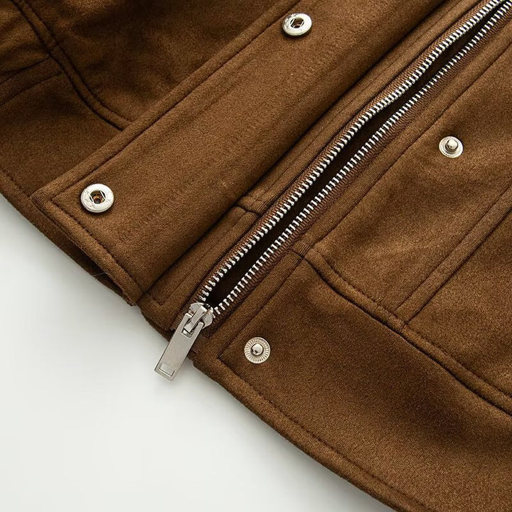 Women's Cropped Wool Blend Field Jacket with Stand Collar, Concealed Closure and Large Flap Pockets
