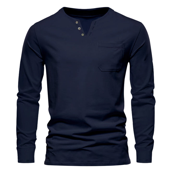 Men's modern Henley long sleeve shirt with asymmetric button placket and chest pocket Mune Fashion