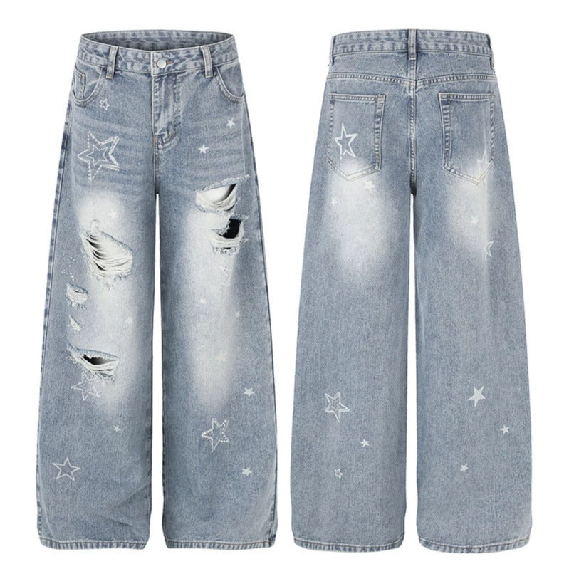 Ladies Wide Distressed Palazzo Jeans with Star Embroidery Mune Fashion
