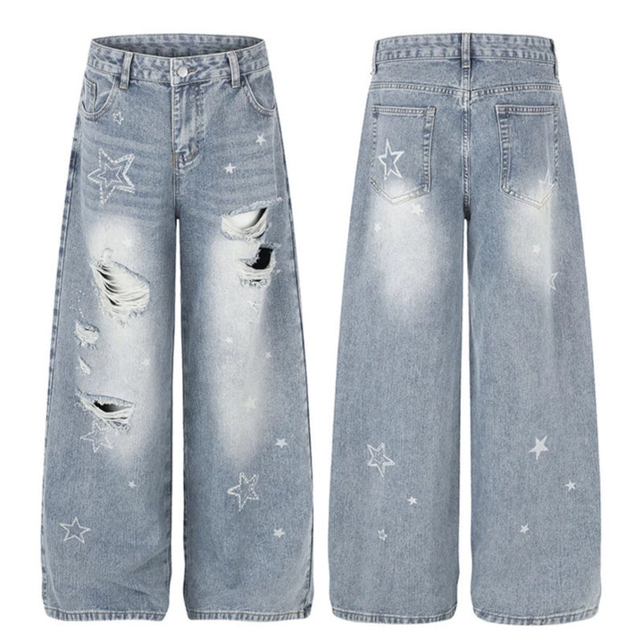 Ladies Wide Distressed Palazzo Jeans with Star Embroidery Mune Fashion
