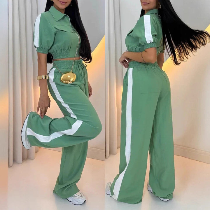 Women's Casual Two-Piece Jumpsuit with Zipper, Short Sleeve and Wide Palazzo Pants Leg Drune