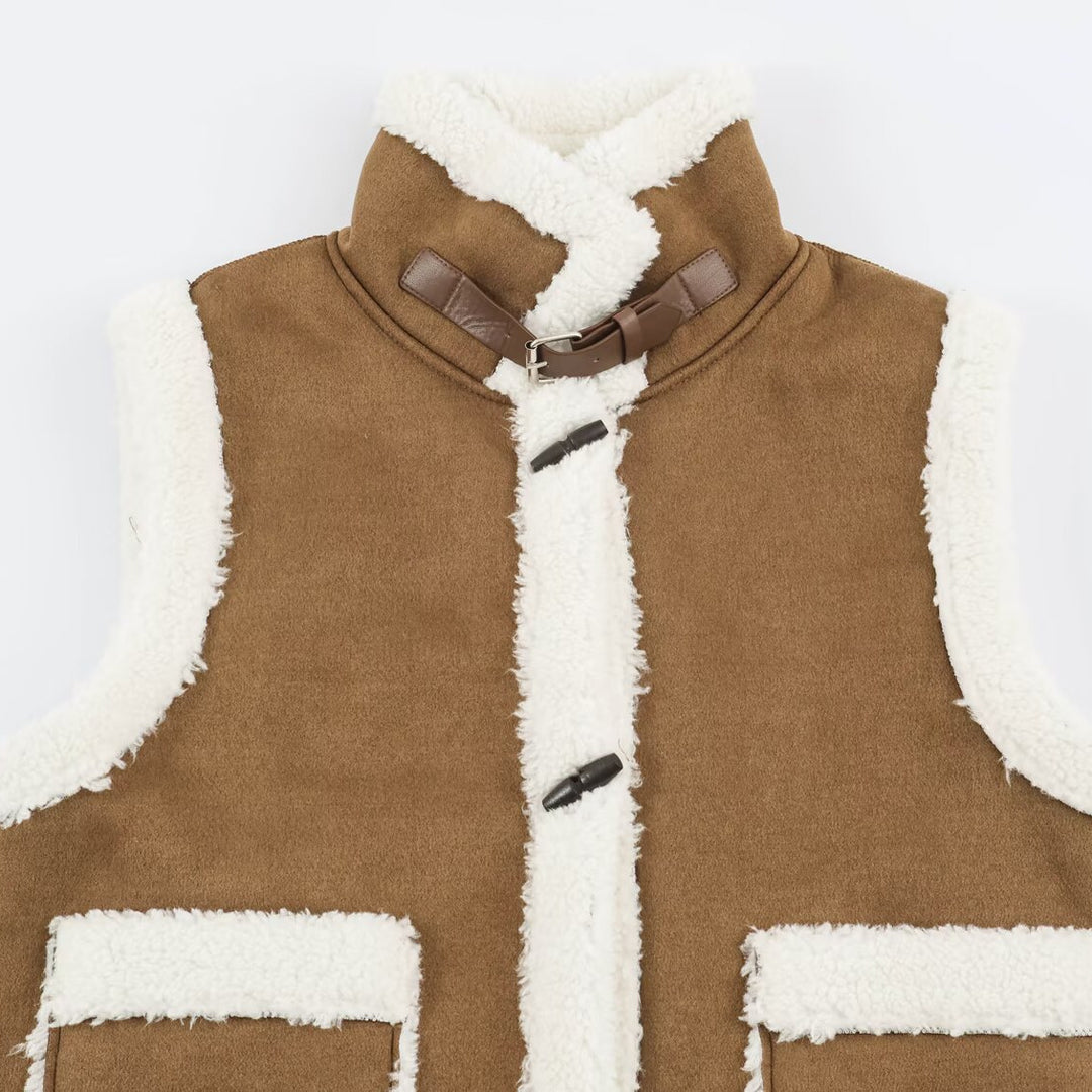 Women's Sleeveless Lambskin-Look Vest with Stand-Up Collar and Toggle Closures Mune Fashion