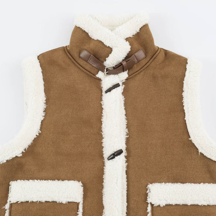Women's Sleeveless Lambskin-Look Vest with Stand-Up Collar and Toggle Closures Mune Fashion