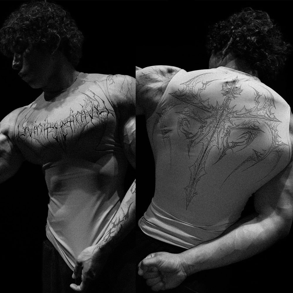 Men's form-fitting training tank top with deep armholes and intricate back print Mune Fashion