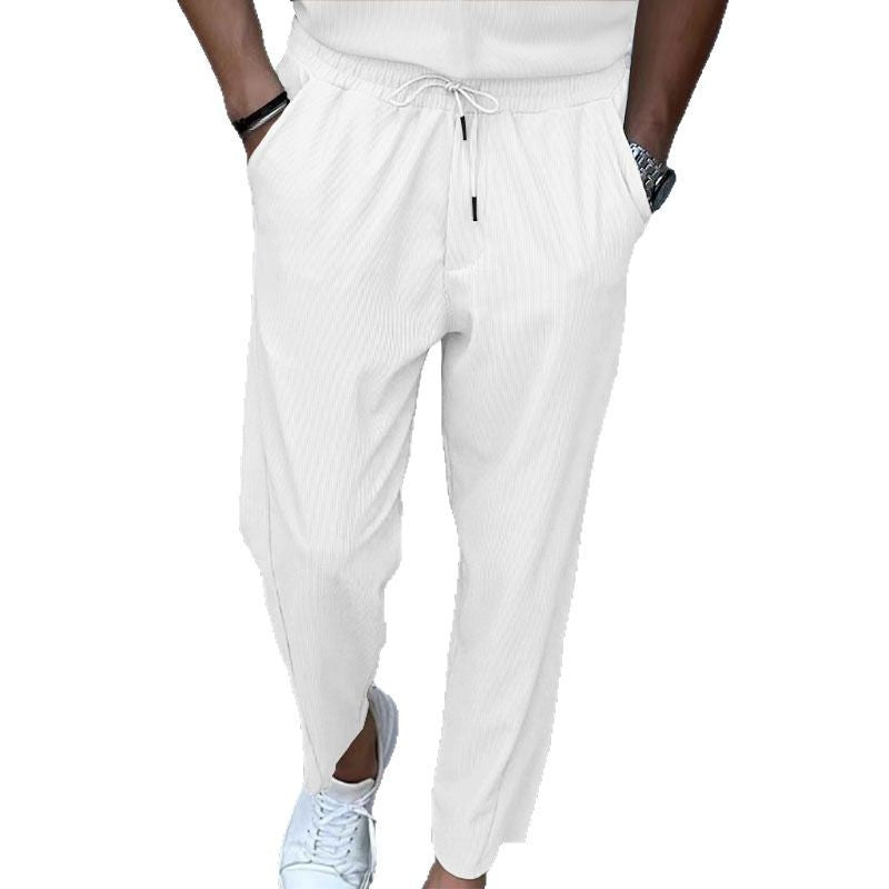 Men's breathable linen blend chino pants with elastic drawstring waistband, subtle crease and side pockets Mune Fashion