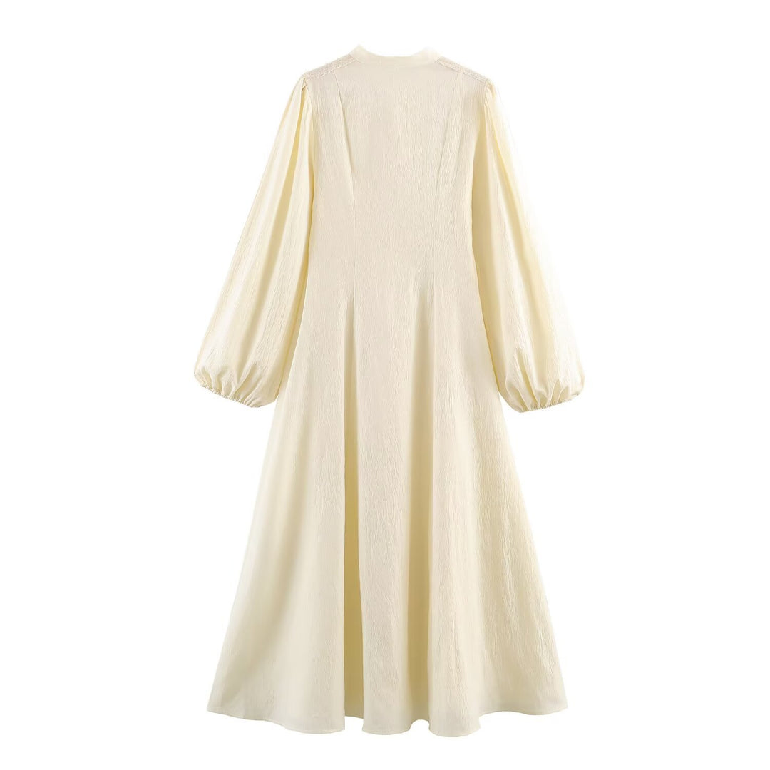 Women's maxi dress with standing collar, continuous button placket and balloon sleeves Mune Fashion