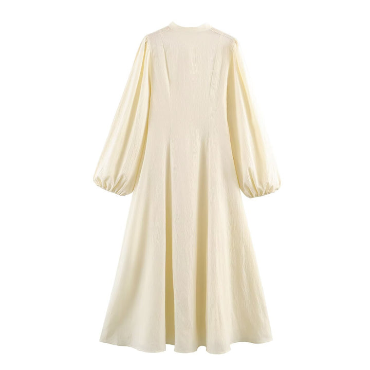 Women's maxi dress with standing collar, continuous button placket and balloon sleeves Mune Fashion