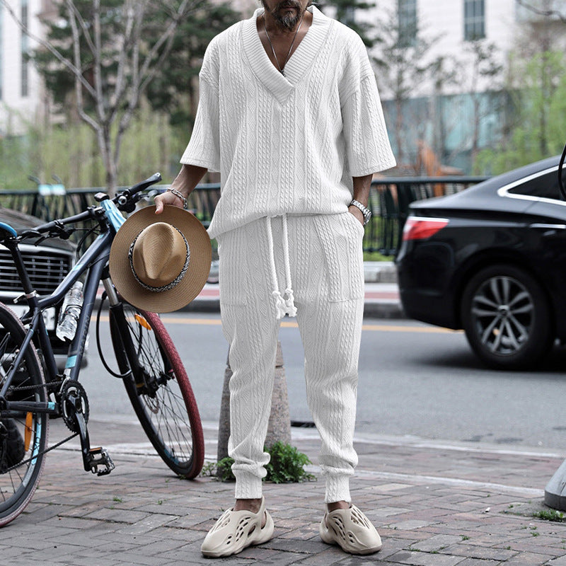 Men's casual knit set with V-neck and drawstring jogger pants Mune Fashion