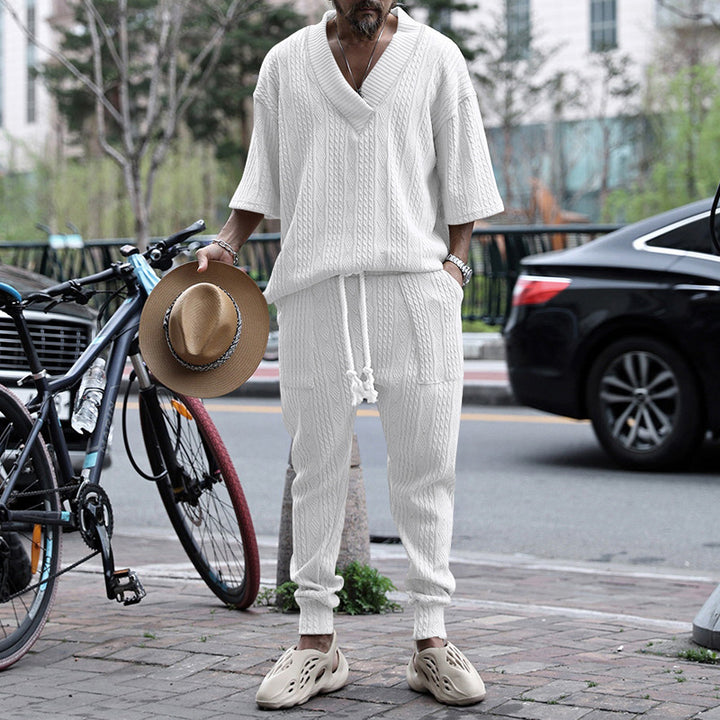 Men's casual knit set with V-neck and drawstring jogger pants Mune Fashion