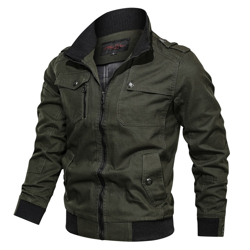 Men's Canvas Bomber Jacket with Ribbed Collar, Shoulder Epaulettes, and Multi-Functional Pockets Mune Fashion