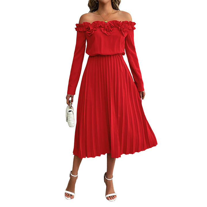 Women Elegant Off-Shoulder Pleated Dress Mune Fashion