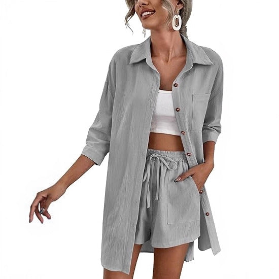 Women's Lightweight Longline Shirt Jacket Set with Elastic High-Waist Shorts Mune Fashion
