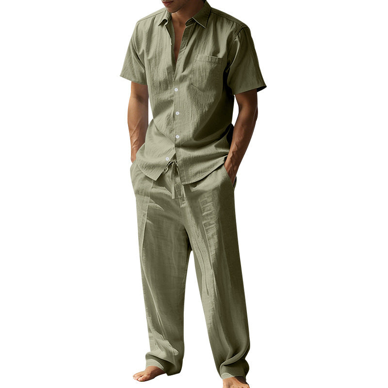 Men's resort-appropriate short-sleeve shirt with chest pocket and casual linen drawstring pants Mune Fashion
