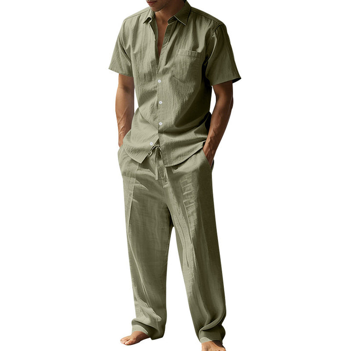 Men's resort-appropriate short-sleeve shirt with chest pocket and casual linen drawstring pants Mune Fashion