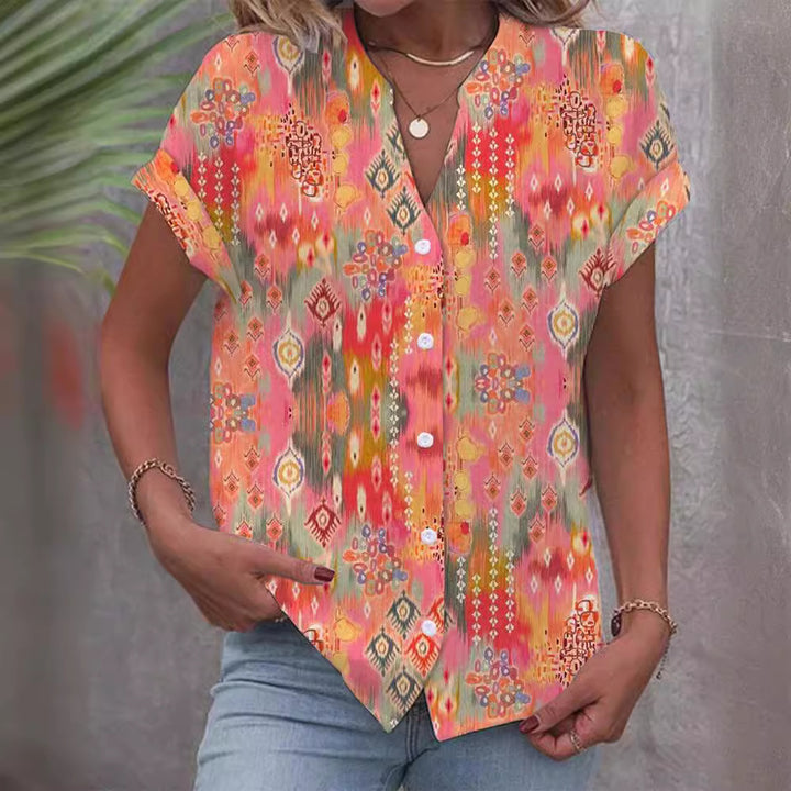 Women's casual short-sleeve blouse with V-neck, button placket and folk all-over print Mune Fashion