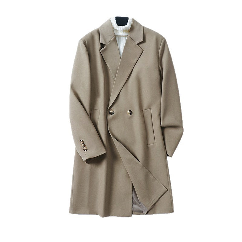 Men's Double-Breasted Wool Blend Coat with Extended Length and Classic Lapels Mune Fashion