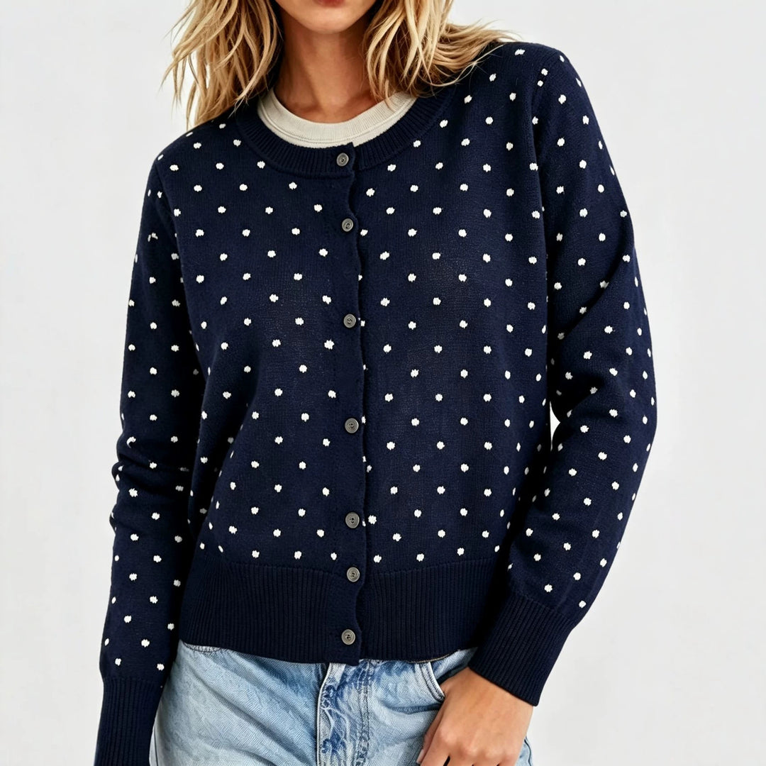 Women's Dotted Fine Knit Cardigan with Round Neck and Ribbed Cuffs Mune Fashion
