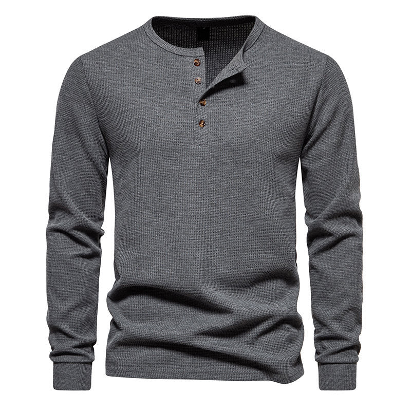 Men's Long Sleeve Henley Shirt with Textured Surface Pattern and Practical Button Details Mune