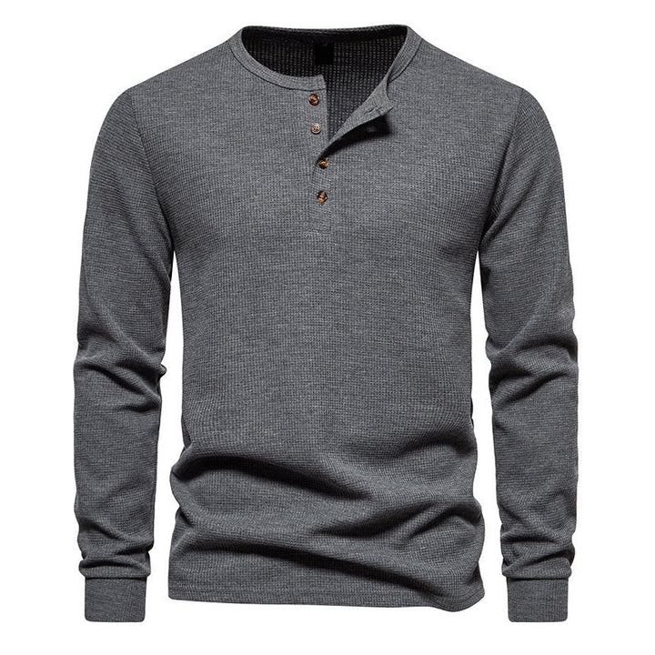 Men's Long Sleeve Henley Shirt with Textured Surface Pattern and Practical Button Details Mune