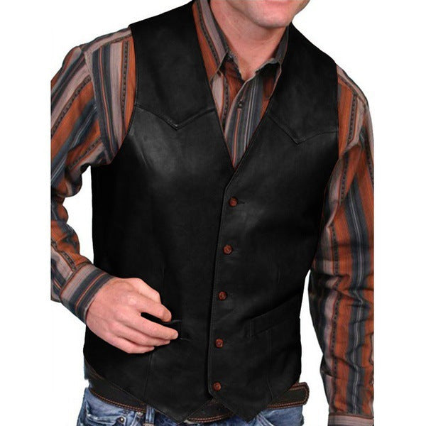 Men's tailored leather vest with western details, V-neck and two side pockets Mune Fashion