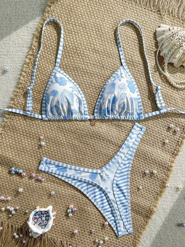 Women Triangle Bikini with Ruffle Details and Check Pattern Mune Fashion