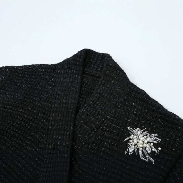 Women Chunky Knit Double-Breasted Cardigan Coat with Shawl Collar and Pearl Sequin Application Mune Fashion