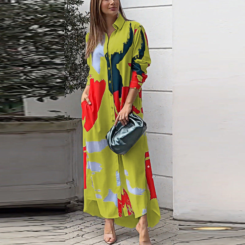 Women's Long Shirt Dress with Abstract Brush Print and Side Pockets Mune Fashion