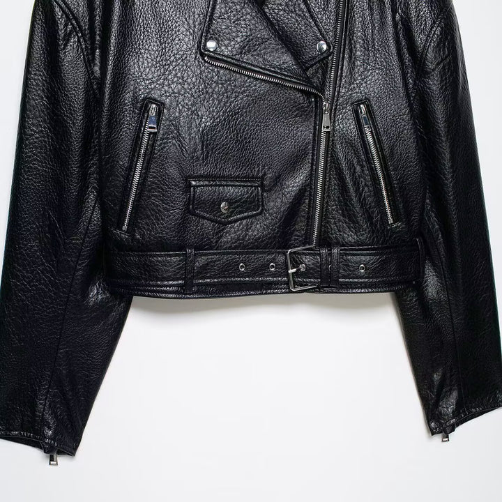 Women short-cut biker jacket in leather look with waist belt Mune Fashion