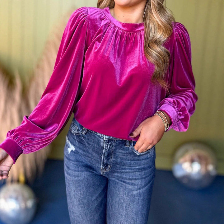Ladies velvet blouse with balloon sleeves and gathered stand-up collar Drune