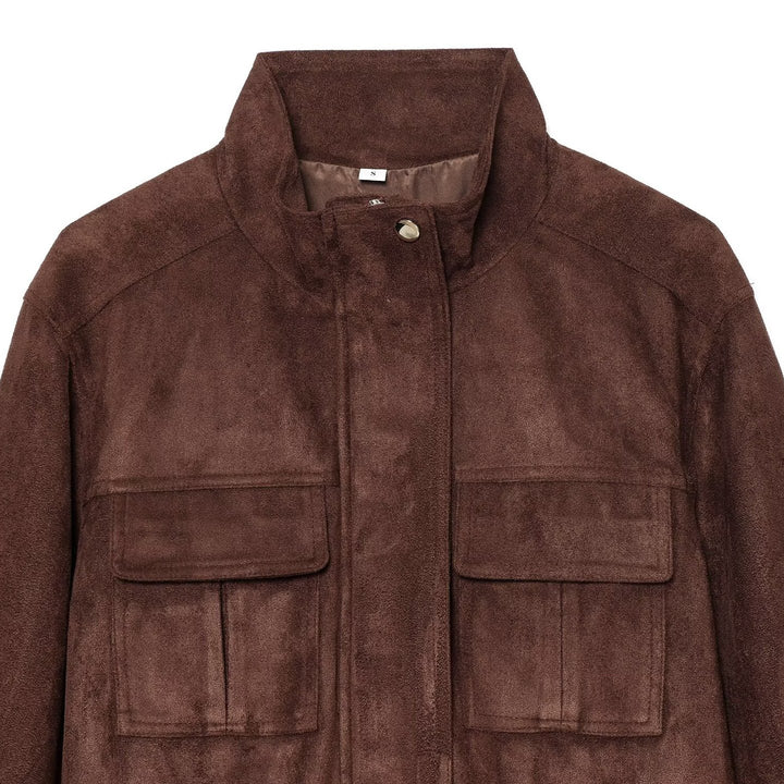 Ladies short jacket in field style made of suede leather look with stand-up collar, chest pockets, and drawstring Mune Fashion