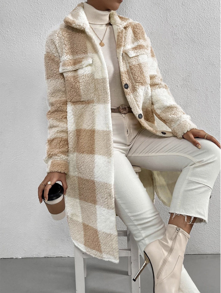 Women's longer teddy check coat with shirt collar, patch chest pockets and button placket Mune Fashion