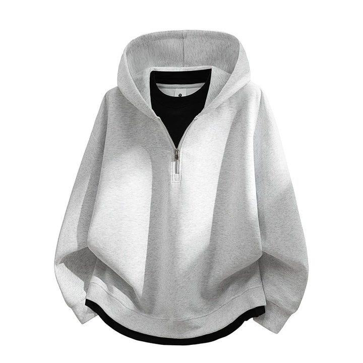 Unisex Oversize-Halfzip-Hooded Sweatshirt with Layered Look, Rounded Hem & Ribbed Cuffs Mune Fashion