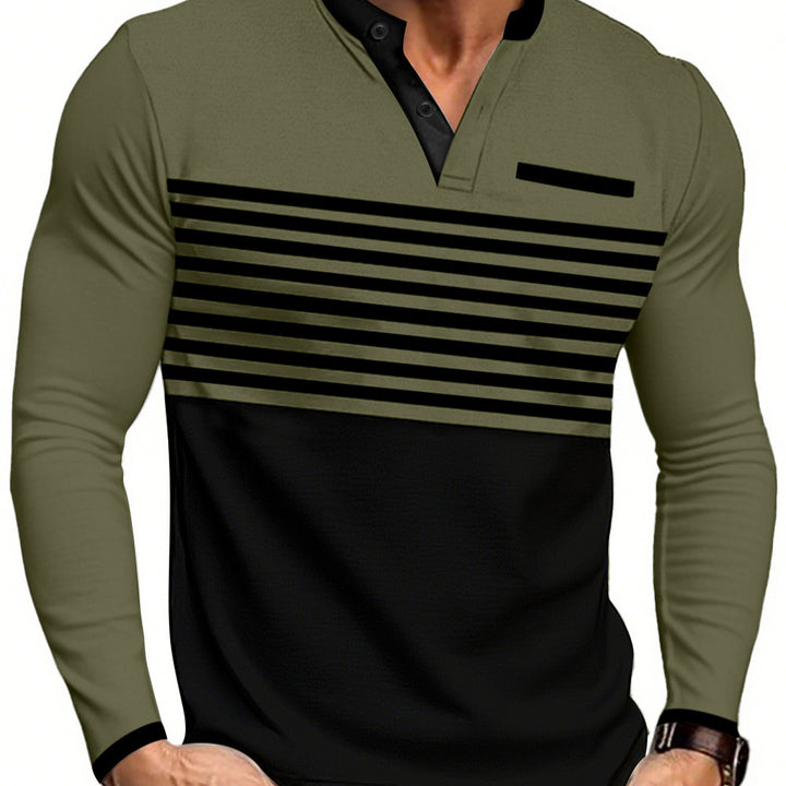 Men's modern long sleeve polo with Henley placket striped chest part and stand-up collar Mune Fashion