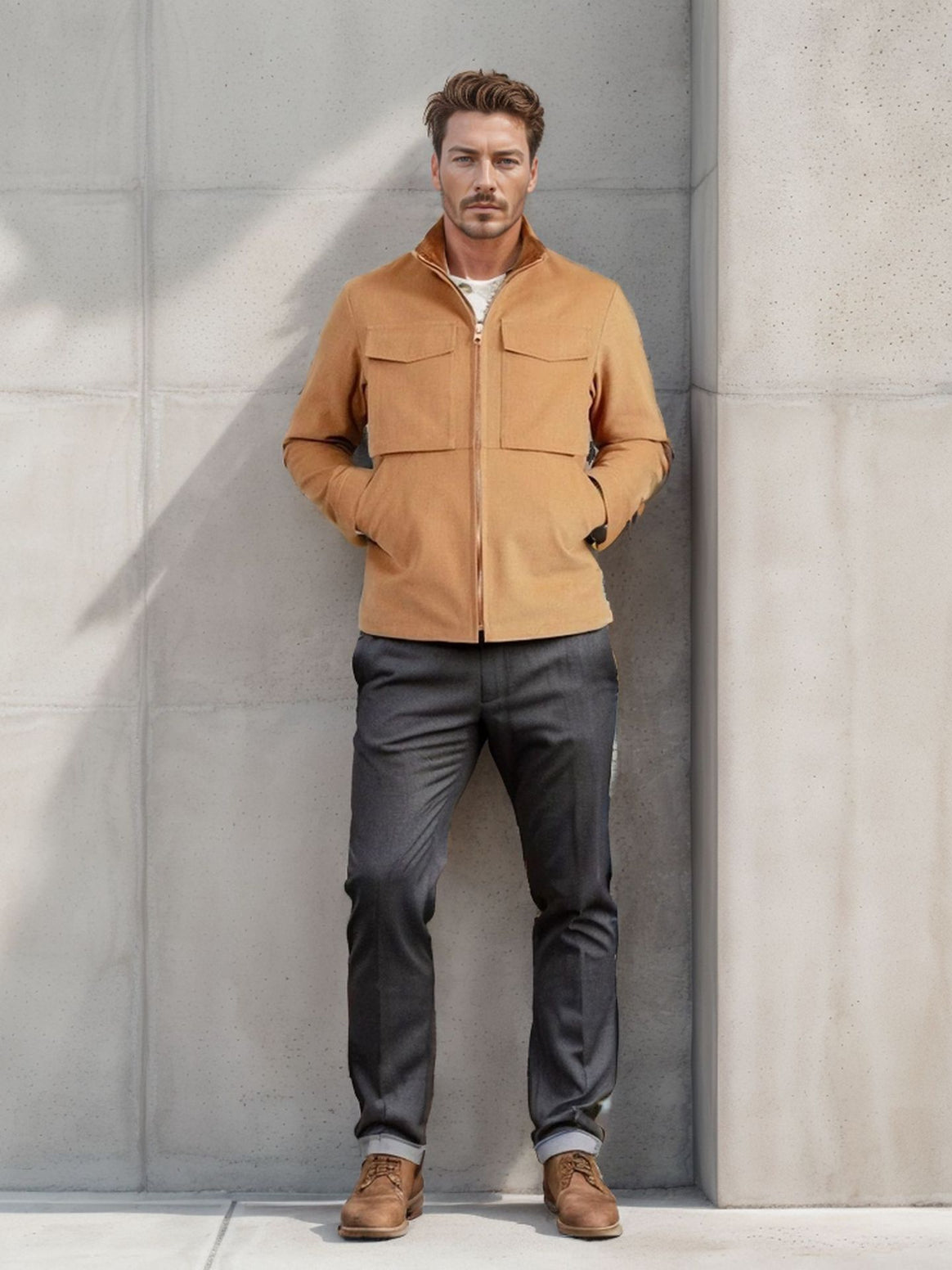Men's Short Denim Field Jacket with Stand-Up Collar, Zipper, and Applied Chest Pockets Mune Fashion