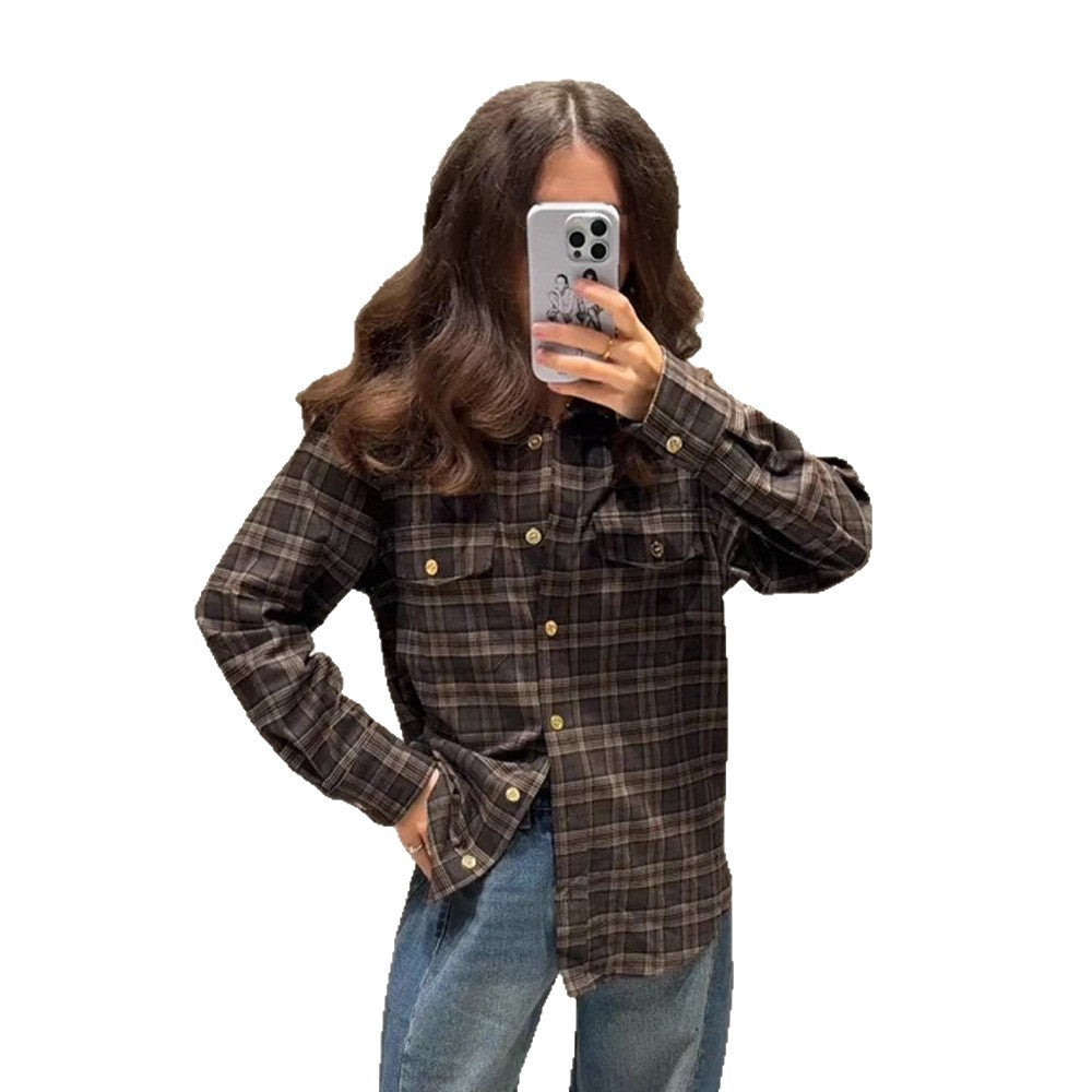 Women Checked Overshirt with Chest Pockets and Gold Snap Buttons Mune Fashion