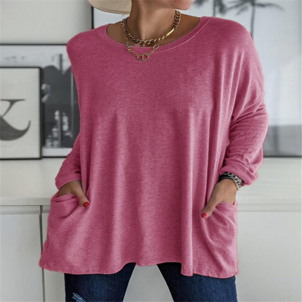 Women's oversized long sleeve tunic with round neckline, drop shoulder and patch pockets Mune Fashion