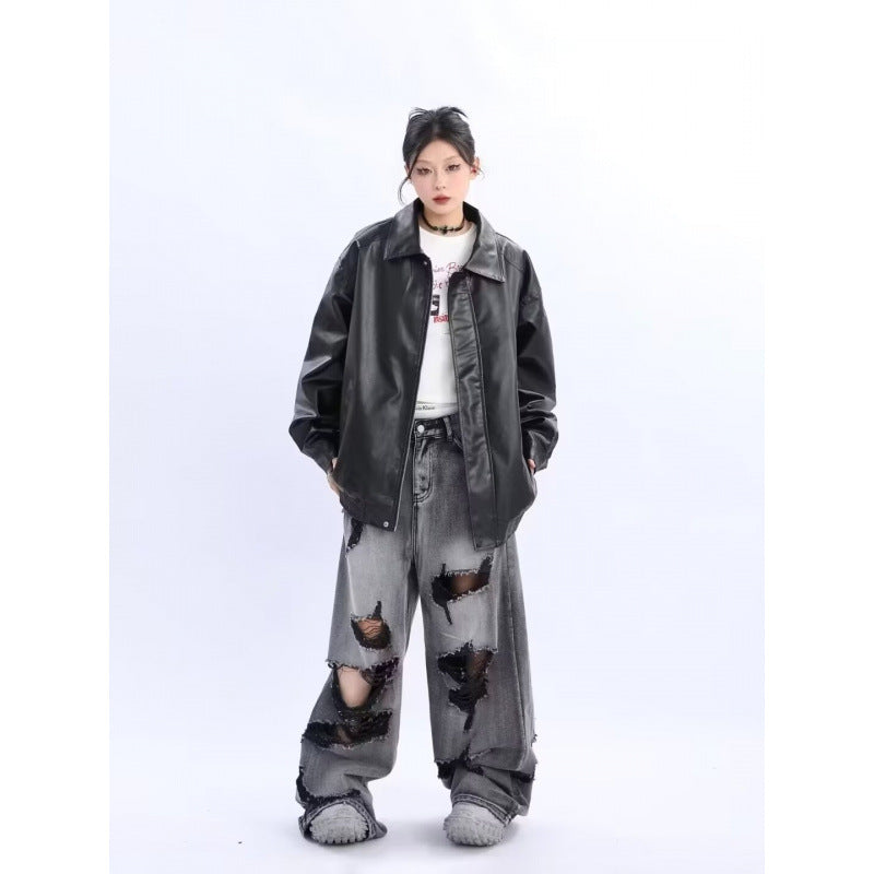 Women's Oversized Faux Leather Blouson with Elastic Hem and Shirt Collar Mune Fashion