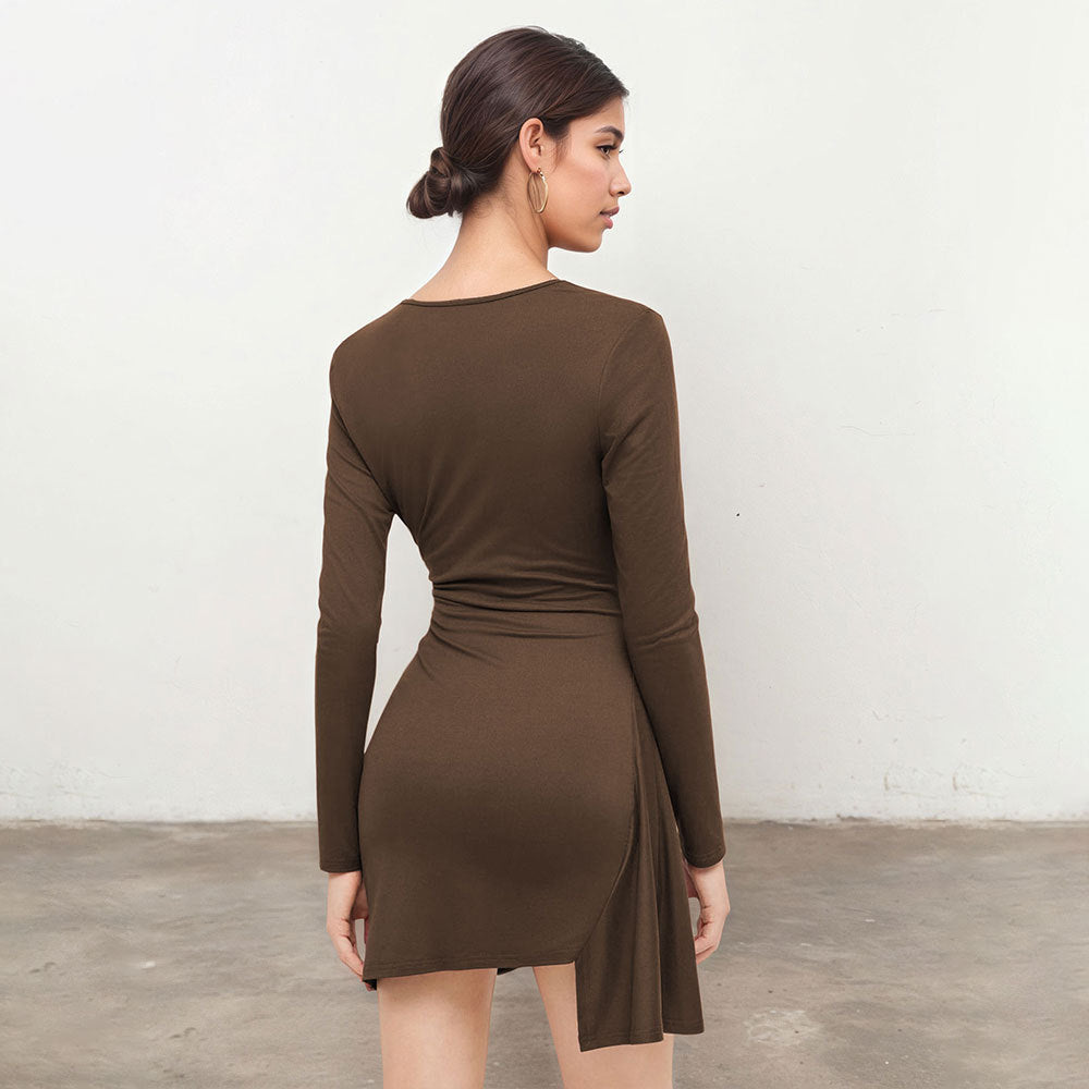 Women's asymmetrical wrap mini dress with V-neck and side gathering Mune Fashion
