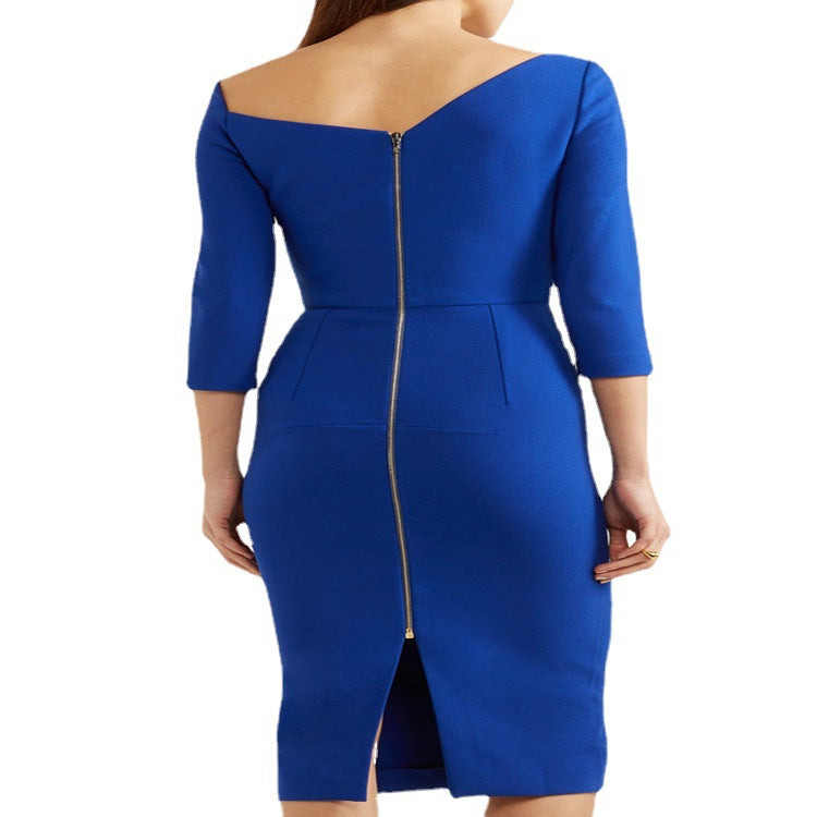 Ladies Figure-hugging Pencil Dress with Off-shoulder Carmen Collar and Three-quarter Sleeves Mune Fashion