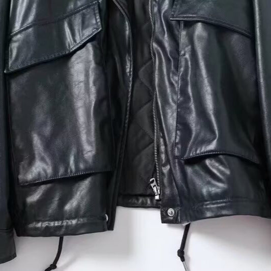 Women Oversized Faux Leather Bomber Jacket with Teddy Collar and Flap Pockets Mune Fashion