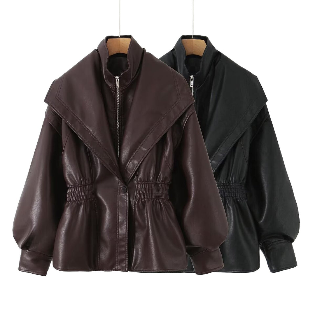 Women's faux leather jacket with XXL shawl collar, waist elastic and balloon sleeves Mune Fashion