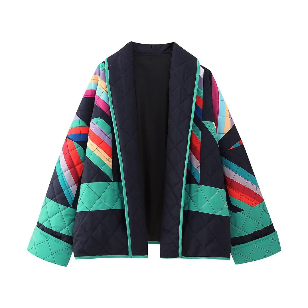 Women's Padded Kimono Jacket with Geometric Color Block Print and Open Front Mune Fashion