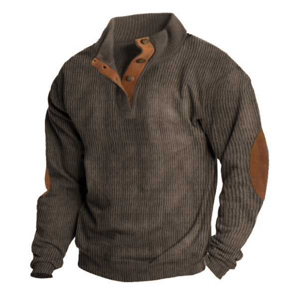Men's structured rugby sweater with stand-up collar, button placket, and leather elbow patches Mune Fashion