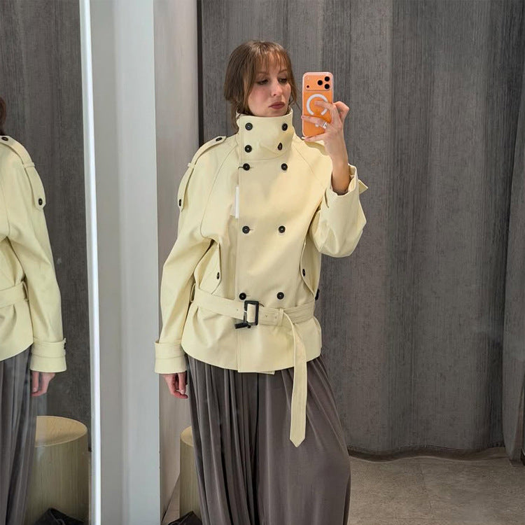 Women Short Double-Breasted Trench Jacket with High Standing Collar and Waist Belt Mune Fashion
