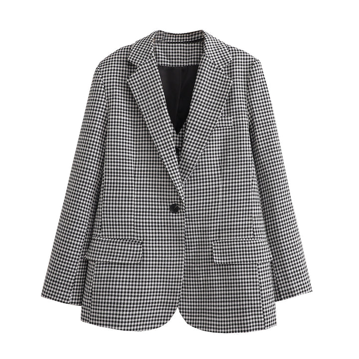 Women's Oversize Houndstooth Blazer with Single-Button Closure and Patch Pockets Mune Fashion