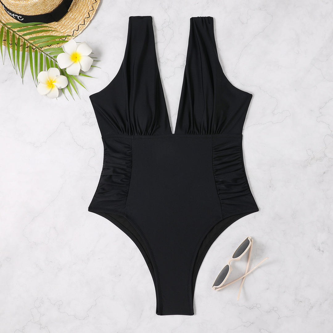 Women’s One-Piece Swimsuit with Deep V-Neck and Sophisticated Ruffle Details Mune Fashion